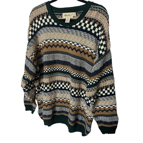 VTG 90s Eddie Bauer Mens XL Chunky Knit Striped Brown Black Sweater Cotton USA - Picture 2 of 7